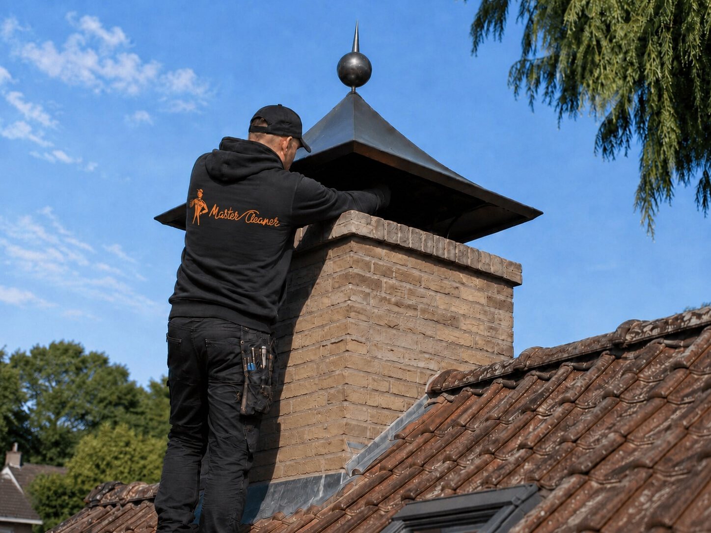 Schoorsteenveger bij een schouw op een pannendak