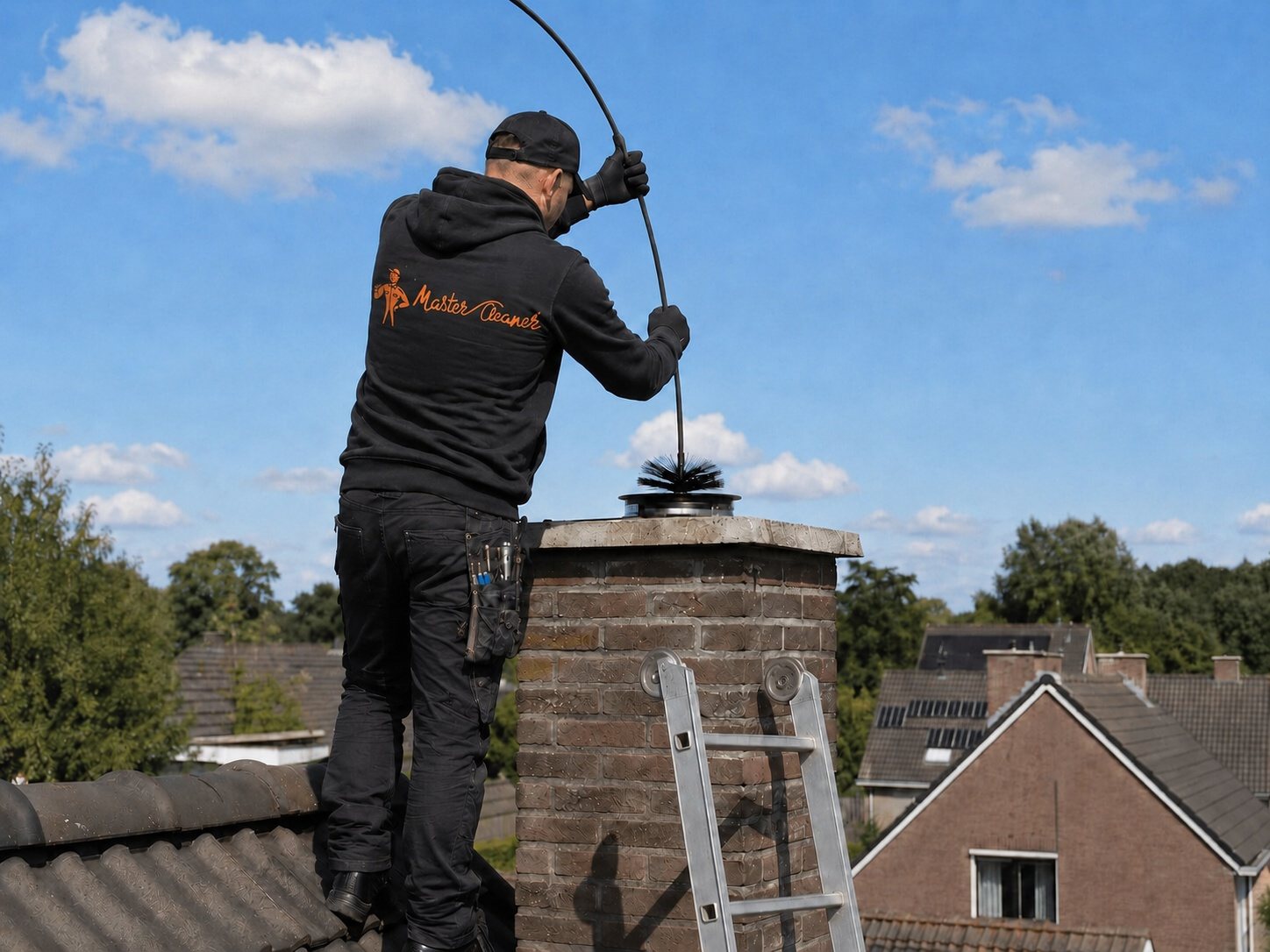 Schoorsteenveger bovenop een schouw